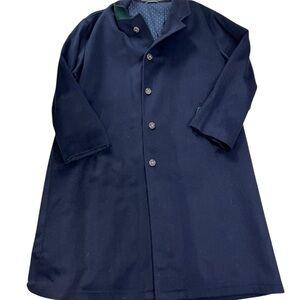 Vtg Tiroler Loden Men’s Over Coat Long Blue Wool Lined Horn Buttons 57” Chest